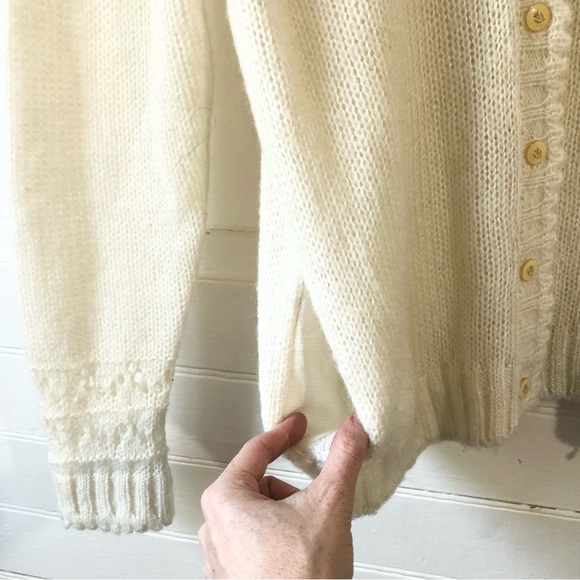 Vtg Puff Sleeve Pockets Ruffle Cut Work Knit Granny Grandma Cardigan Sweater S/M - Picture 9 of 17